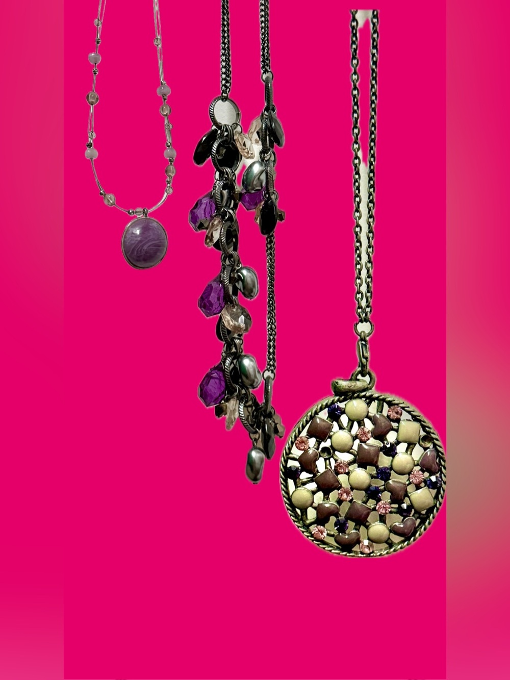 Set of 3 Vintage-Inspired Purple Necklaces including a Round Pendant Necklace